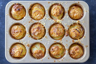 Baked Potato Stacks in a muffin pan.