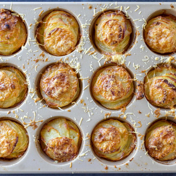 Baked Potato Stacks in a muffin pan.