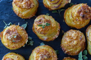 Potato Stacks on a tray.