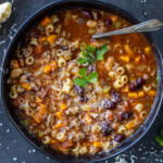 Serving bowl with Pasta e Fagioli Soup.