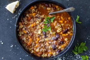 Serving bowl with Pasta e Fagioli Soup.