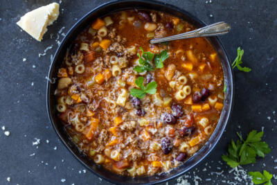 Serving bowl with Pasta e Fagioli Soup.