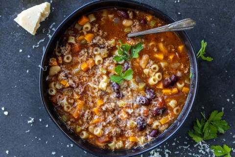 Serving bowl with Pasta e Fagioli Soup.