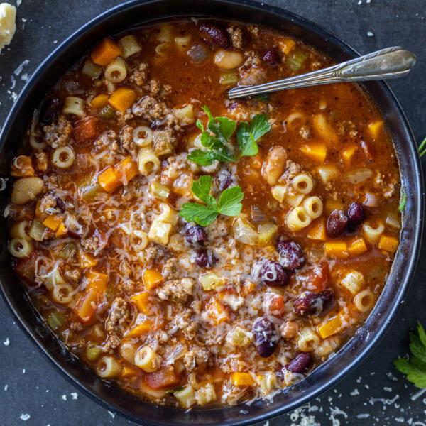 A bowl with Pasta e Fagioli Soup.
