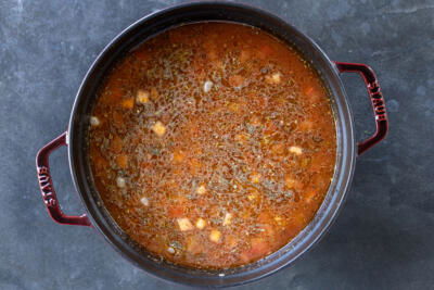 All the ingredients but pasta in the pot.