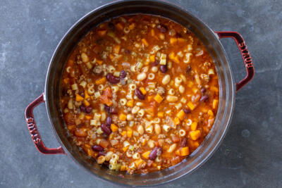 Pasta e Fagioli Soup in a pot.