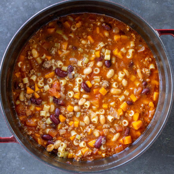 Pasta e Fagioli Soup in a pot.