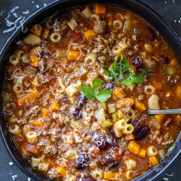 Pasta e Fagioli Soup in a bowl.