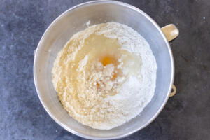 Liquids added to the dry ingredients in a mixing bowl.