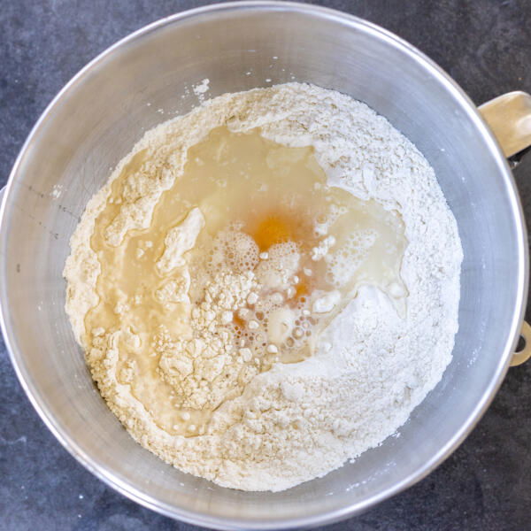Liquids added to the dry ingredients in a mixing bowl.