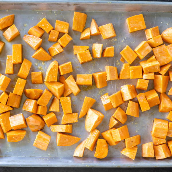 Sweet Potatoes on a baking sheet.