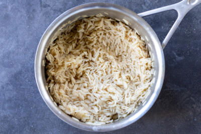 Cooked rice in a pan.