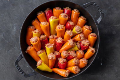 Stuffed Mini Peppers in a pan.