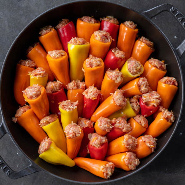Stuffed Mini Peppers in a pan.