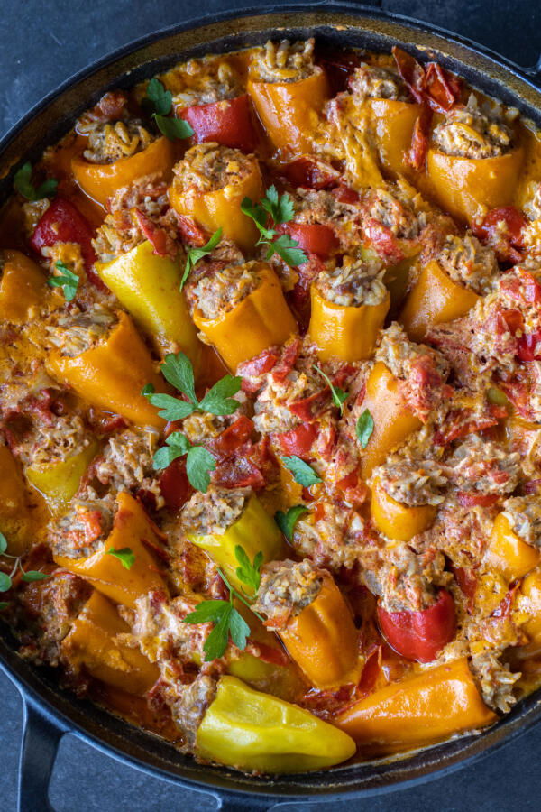 Serving pan with Stuffed Mini Peppers.