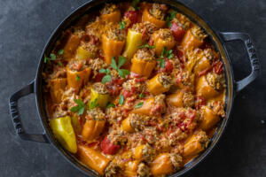 Stuffed Mini Peppers in a serving pan and herbs.