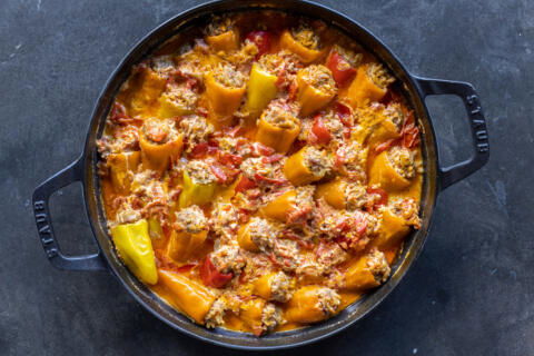 Stuffed Mini Peppers in a pan.