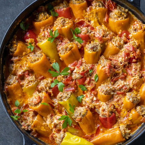 Serving dish with Stuffed Mini Peppers.