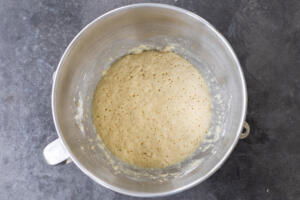 Milk, flour, sugar and yeast in a bowl all bubbly.