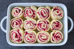 Rolls in a pan before baking.