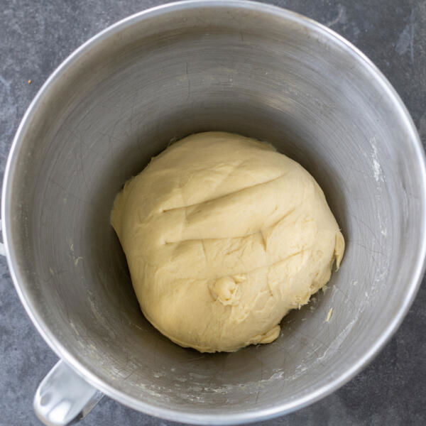 Kneaded dough in a mixing bowl.
