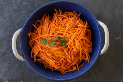 Serving bowl with Korean Carrot Salad.
