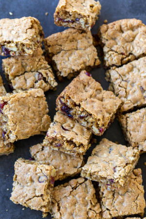 SLiced up Oatmeal Cranberry Bars with Walnuts.