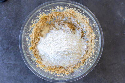 Flour added to the butter sugar mixture.
