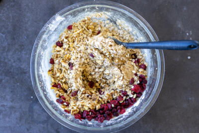 Oatmeal Cranberry Bars with Walnuts ingredients in a bowl.