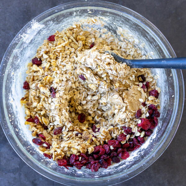 Oatmeal Cranberry Bars with Walnuts ingredients in a bowl.