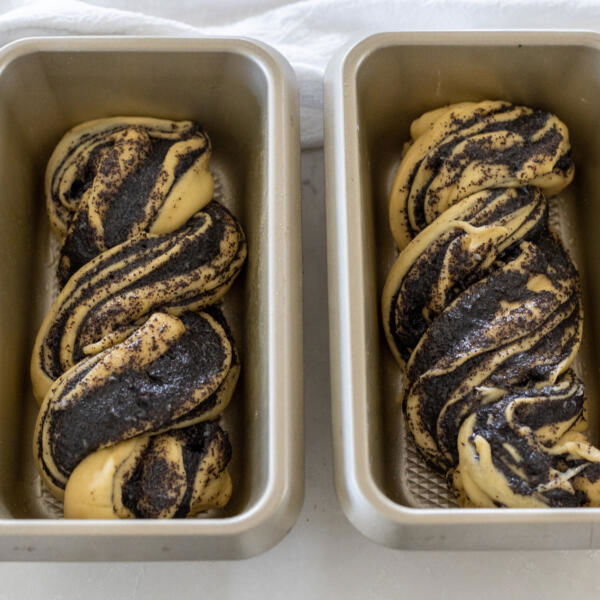 Poppy Seed Babka before baking in a pan.