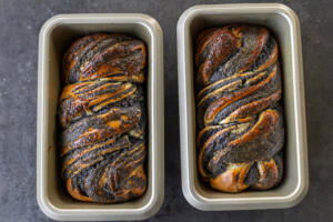 Baked Poppy Seed Babka in a pan.