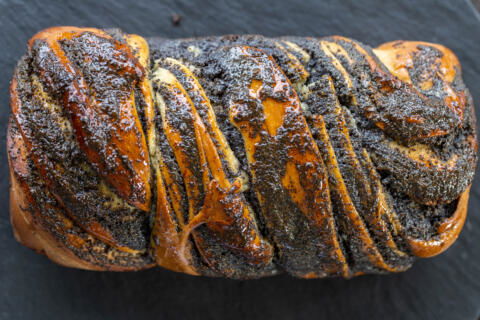 Poppy Seed Babka on a serving dish.