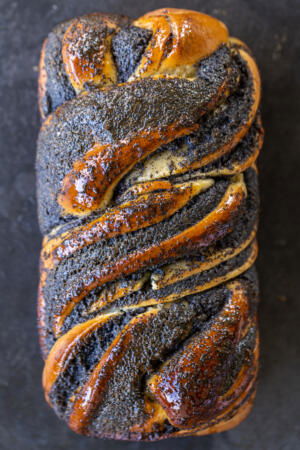 Poppy Seed Babka on a serving tray.