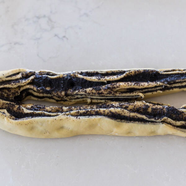 Sliced open rolled up dough.