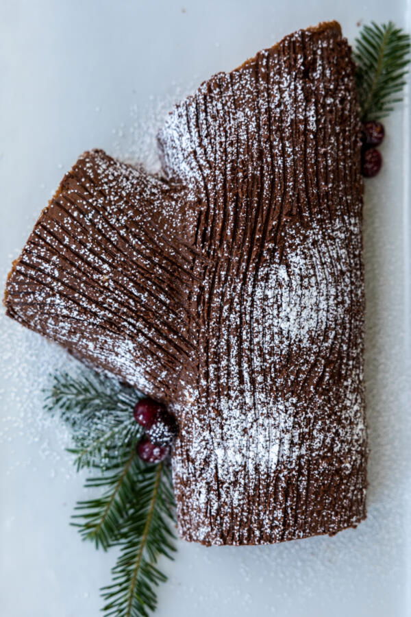 Yule Log Cake decorated.