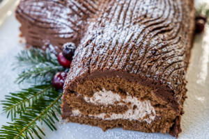 Yule Log Cake on a serving tray.