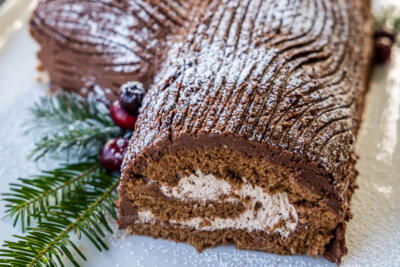 Yule Log Cake on a serving tray.