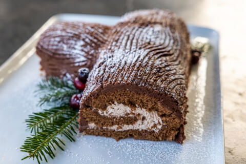 Yule Log Cake on a tray