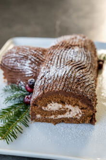 Yule Log Cake decorated.