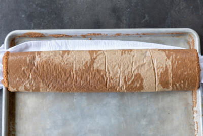 Rolled up baked cake pan.