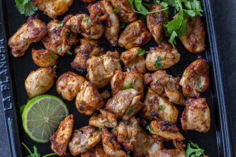 Air Fryer Chicken Bites on a serving tray.