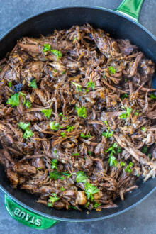 Pan with shredded French Onion Pot Roast.