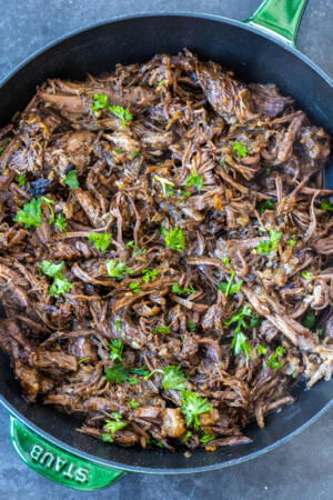Pan with shredded French Onion Pot Roast.