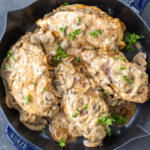Serving pan with Stuffed Chicken Marsala.