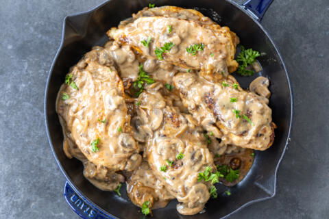 Serving pan with Stuffed Chicken Marsala.