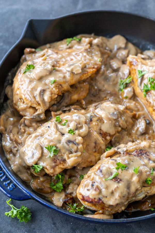 Pan with Stuffed Chicken Marsala. 