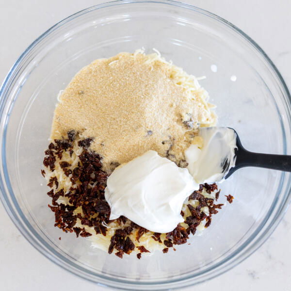Stuffing ingredients in a bowl.