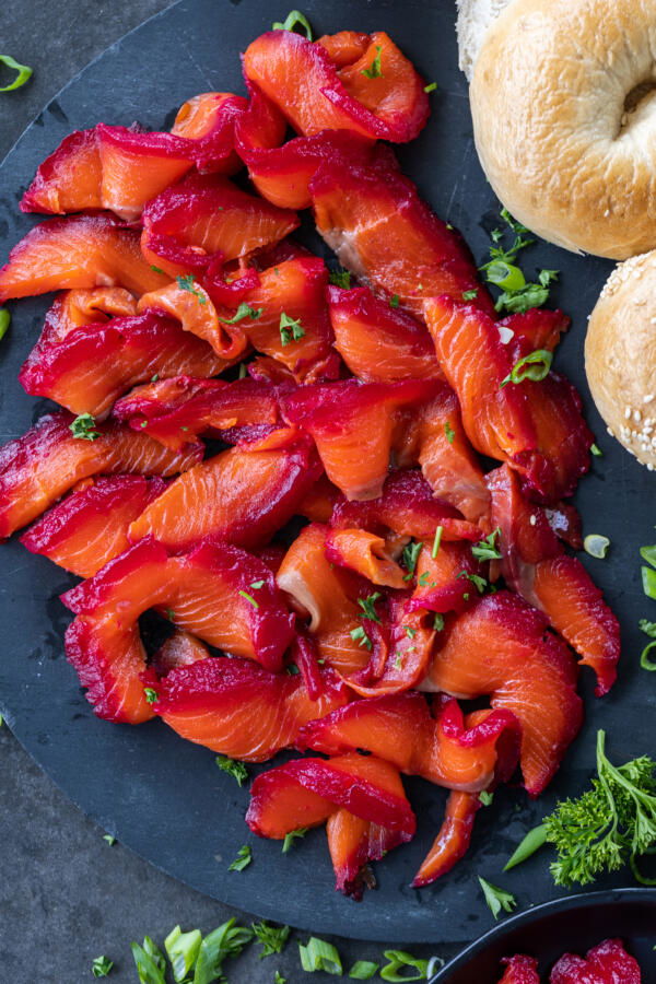 Beet Cured Salmon sliced into pieces. 