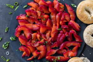 Beet Cured Salmon sliced up.